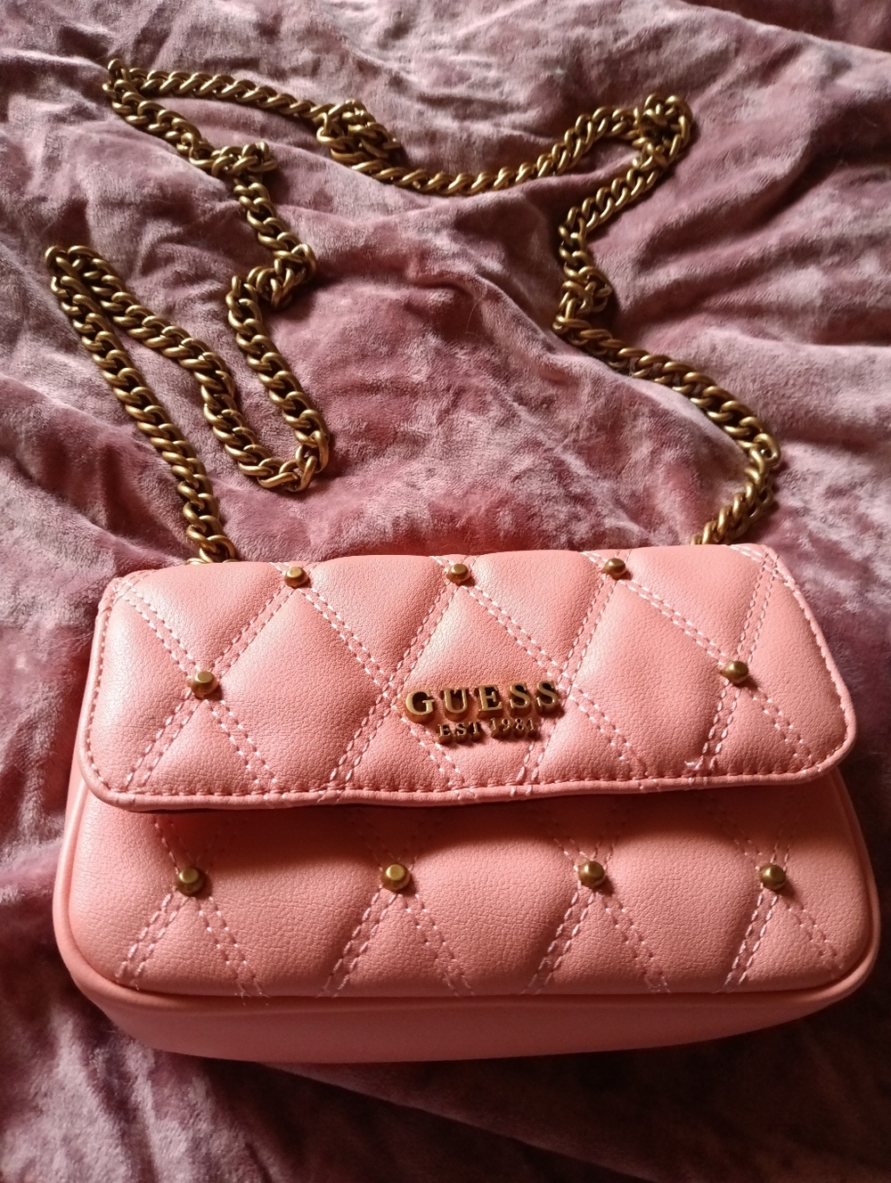 GUESS Pink Mini Triana Quilted Chain Strap Crossbody Bag